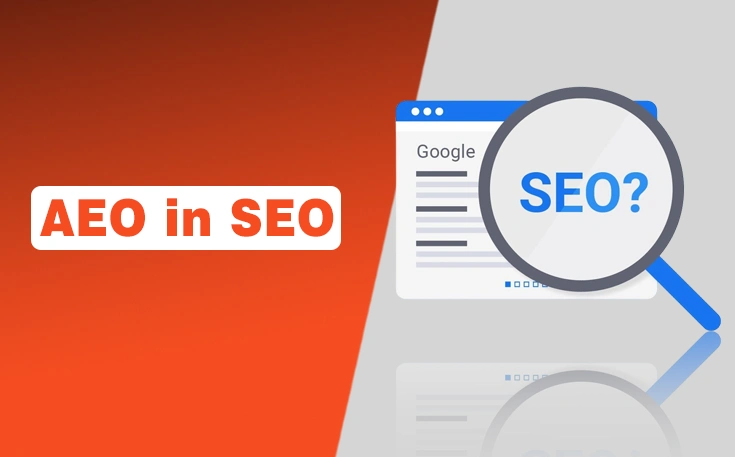 Illustration explaining Answer Engine Optimization (AEO) in SEO with AI search, featured snippets, voice search, and structured data concepts.