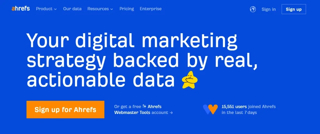 Homepage of the Ahrefs