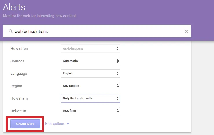 Click on Create Alert