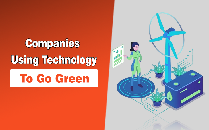 Digital illustration showing a woman interacting with a chart interface, surrounded by wind turbines, plants, and battery storage, symbolizing companies using technology to go green.