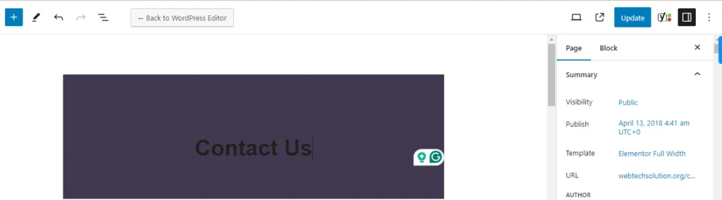 WP dashboard Contact us page