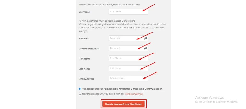 Create Account and Continue