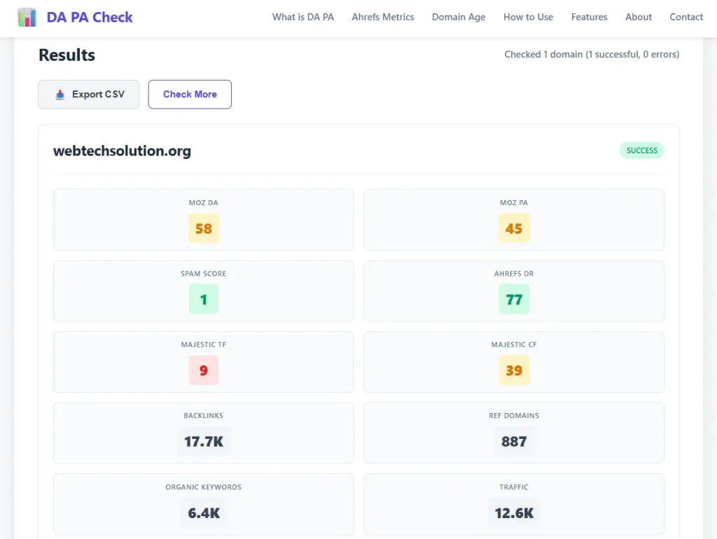 DAPAcheck.io Results Page - Webtechsolution.org result in the DA PA Check tool