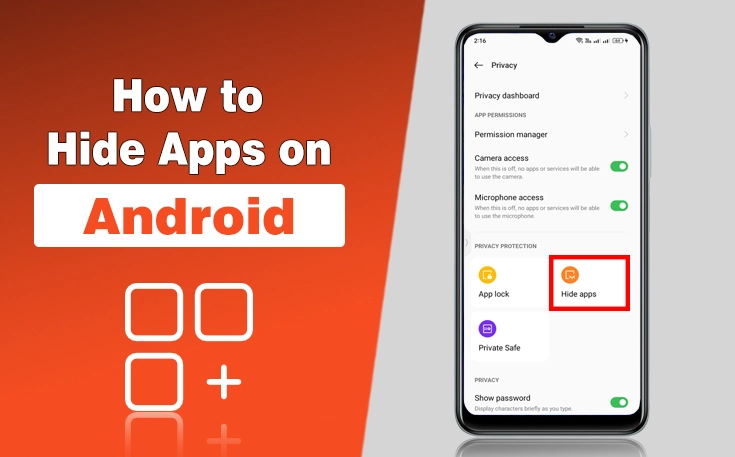 Android smartphone showing hidden apps and privacy settings for securing personal applications.