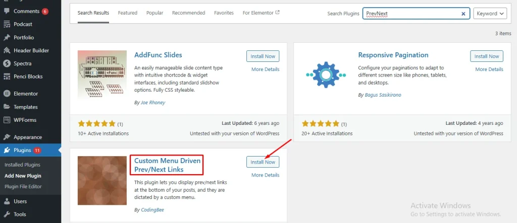 Select the plugin and click on the Install Now button.