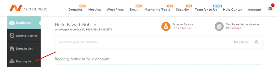Namecheap account