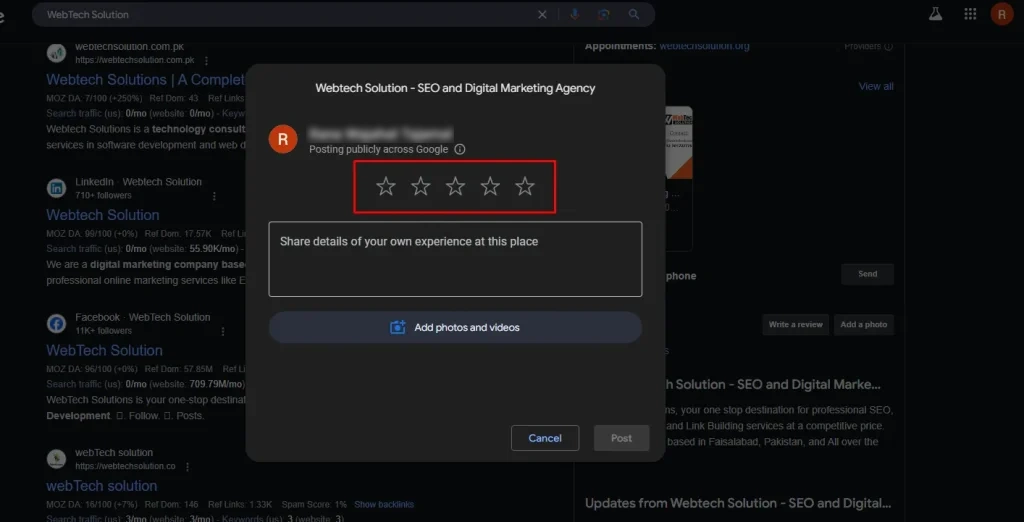 five stars in the review window