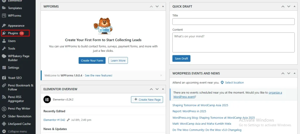 Find the Plugins section in the WordPress site