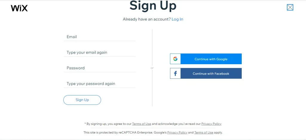 Sign up with Wix