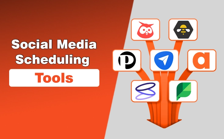 Graphic with orange and gray background showing icons of social media scheduling tools arranged like branches of a tree.