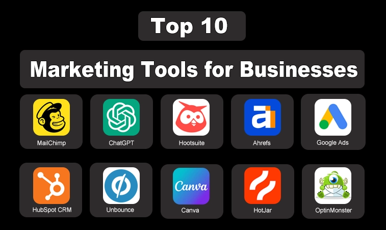 Top 10 Marketing Tools for Businesses - A picture with marketing tools logos 