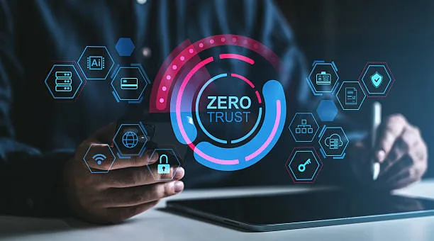 Business professional interacting with a digital hologram displaying zero trust security concepts