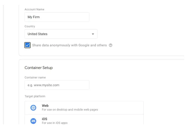 Account Name - A screenshot of Tag manager account creation process of name 