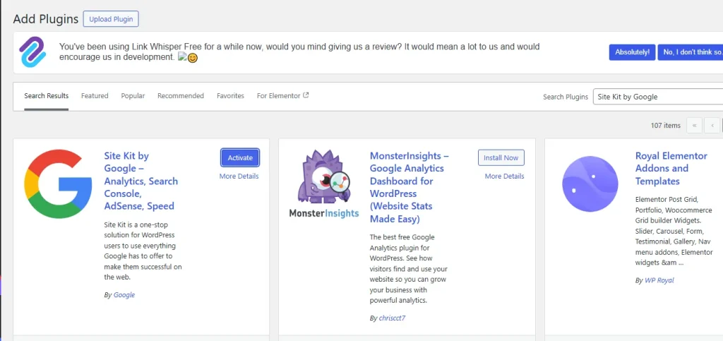 activate the Google Site Kit Plugin