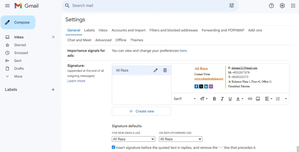 email settings and set your signature