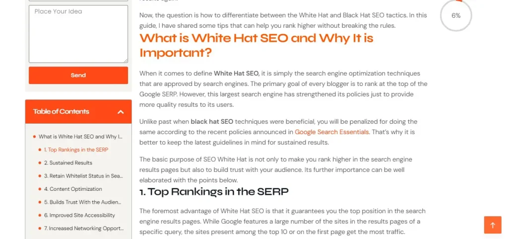 Screenshot by webtechsolution.org of their blog post section titled "What is White Hat SEO and Why It is Important?" featuring a sidebar table of contents. The text defines White Hat SEO as techniques approved by search engines and lists benefits like sustained results and building audience trust.