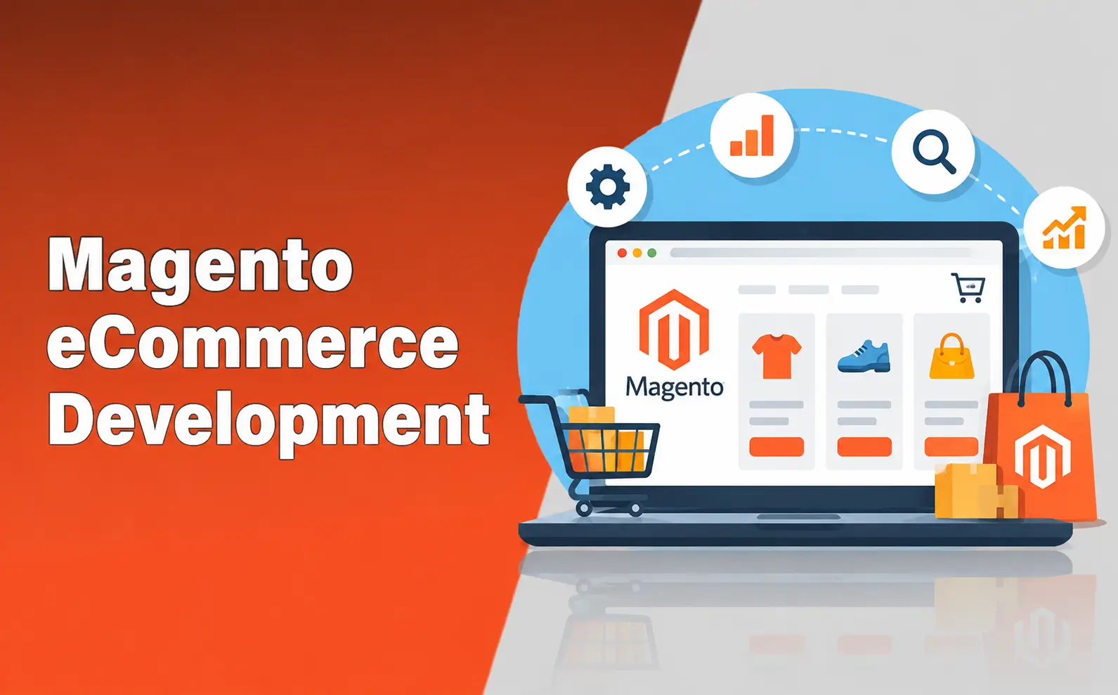 Magento eCommerce development illustration with online store and shopping cart