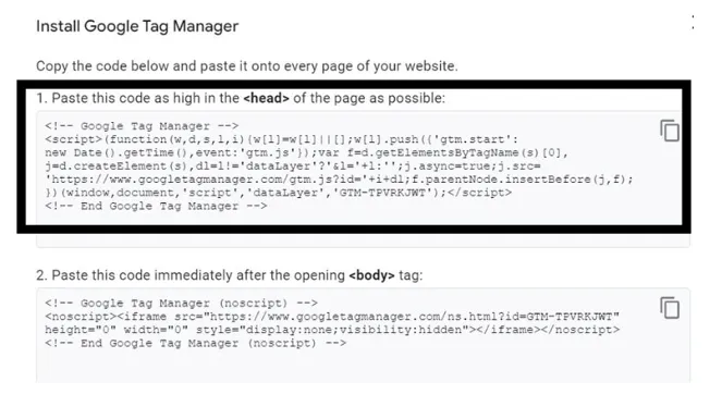 Pasting tag manager code