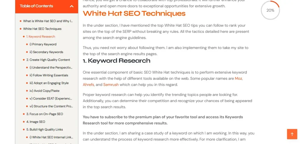 Screenshot by webtechsolution.org of their blog post section titled "White Hat SEO Techniques." The content focuses on the first step: Keyword Research. It mentions popular tools like Moz, Ahrefs, and Semrush, and emphasizes the importance of following EEAT guidelines for high-quality content.