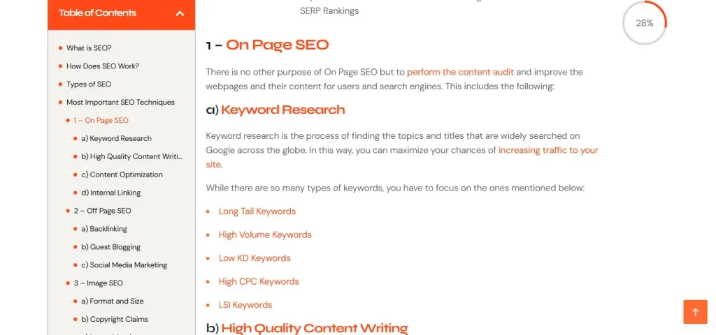 A screenshot of a webtechsolution.org's blog page titled "1 – On Page SEO." The text explains that the goal of On-Page SEO is to perform content audits and improve webpages. It lists several key keyword types to focus on, including Long Tail, High Volume, Low KD, High CPC, and LSI Keywords. A sidebar shows a detailed "Table of Contents" covering Off-Page and Image SEO.