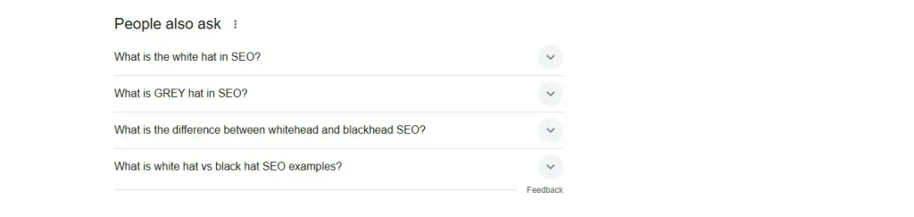 A screenshot of a Google Search "People Also Ask" (PAA) box by webtechsolution.org containing four expandable questions: "What is the white hat in SEO?", "What is GREY hat in SEO?", "What is the difference between whitehead and blackhead SEO?", and "What is white hat vs black hat SEO examples?".