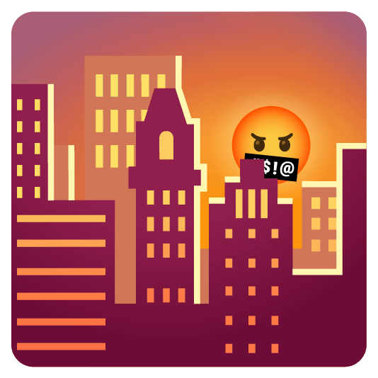 city sunrise face with symbols on mouth