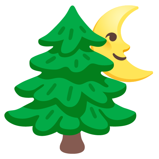 last quarter moon with face evergreen tree