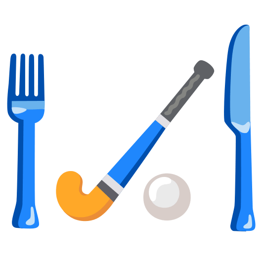 knife fork plate field hockey stick and ball