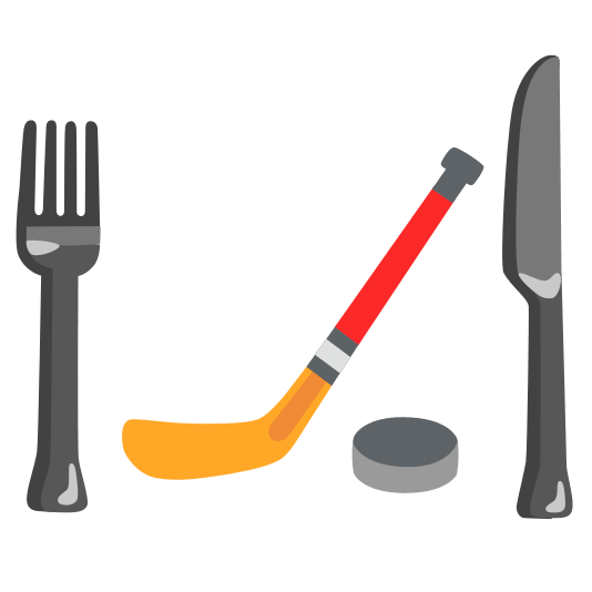 knife fork plate ice hockey stick and puck