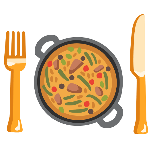 knife fork plate shallow pan of food