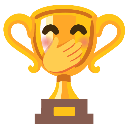 trophy face with hand over mouth