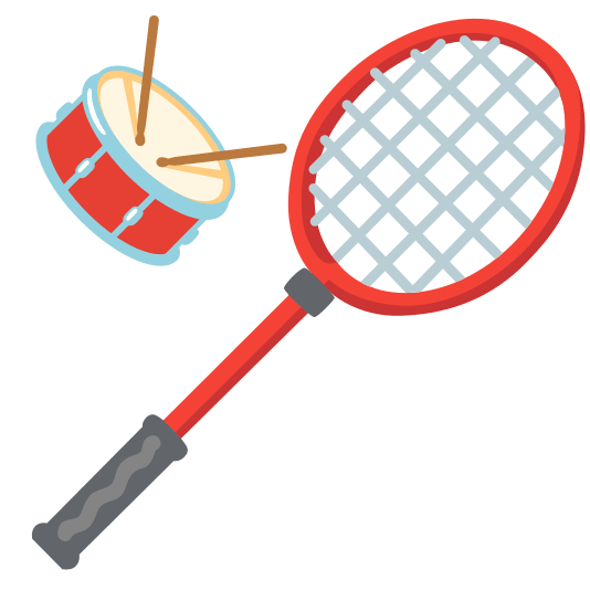 badminton racquet and shuttlecock drum with drumsticks