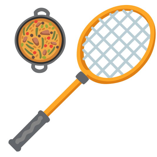 badminton racquet and shuttlecock shallow pan of food