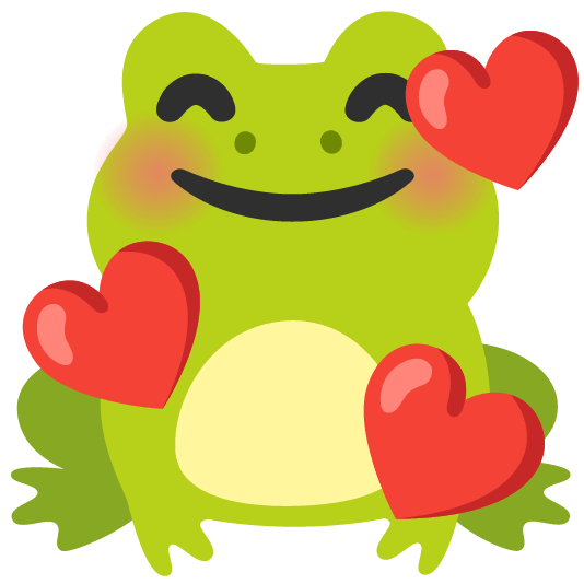 frog smiling face with 3 hearts