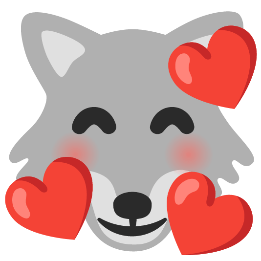 wolf smiling face with 3 hearts