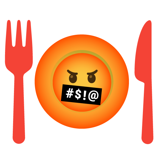 face with symbols on mouth knife fork plate