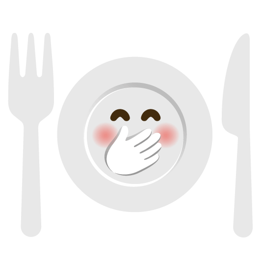 face with hand over mouth knife fork plate