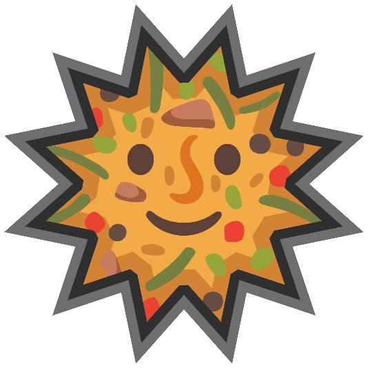 shallow pan of food sun with face