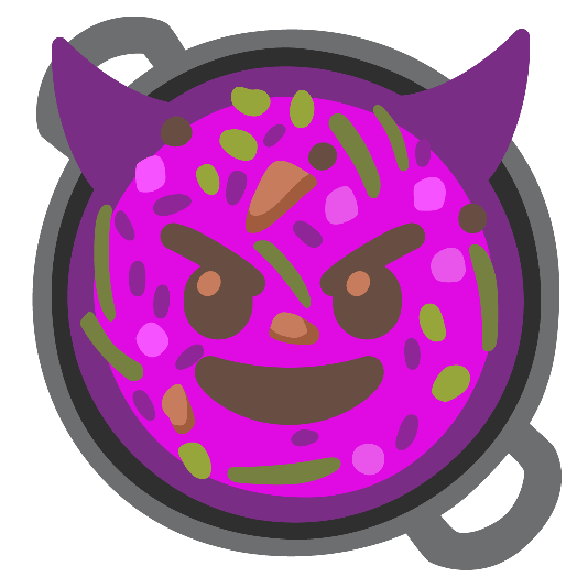 shallow pan of food smiling imp