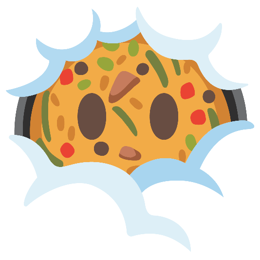 shallow pan of food face in clouds