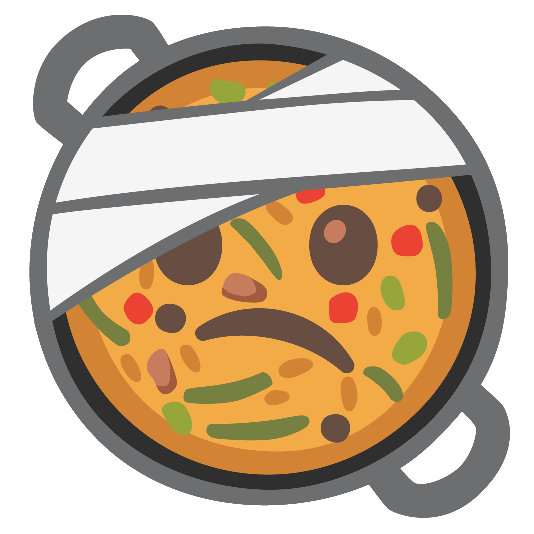 shallow pan of food face with head bandage