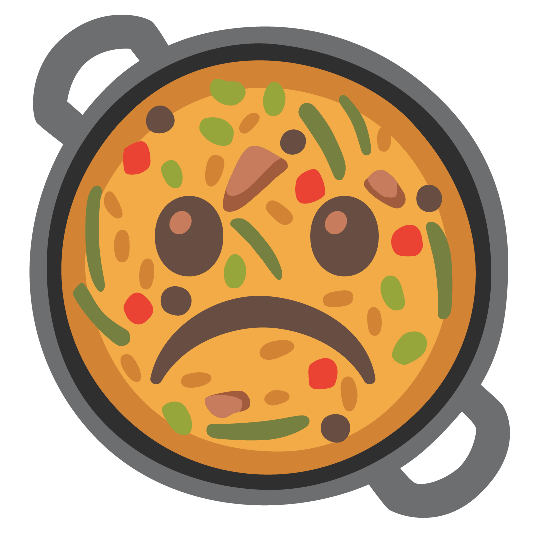 shallow pan of food white frowning face