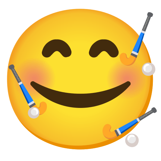 smiling face with 3 hearts field hockey stick and ball