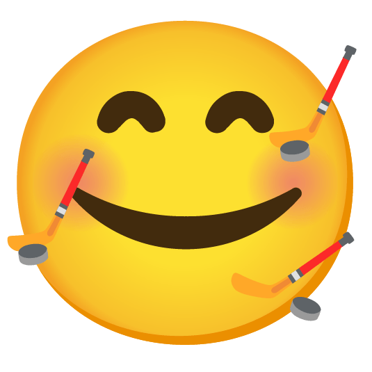 smiling face with 3 hearts ice hockey stick and puck