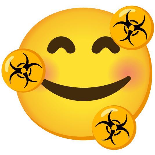 smiling face with 3 hearts biohazard sign