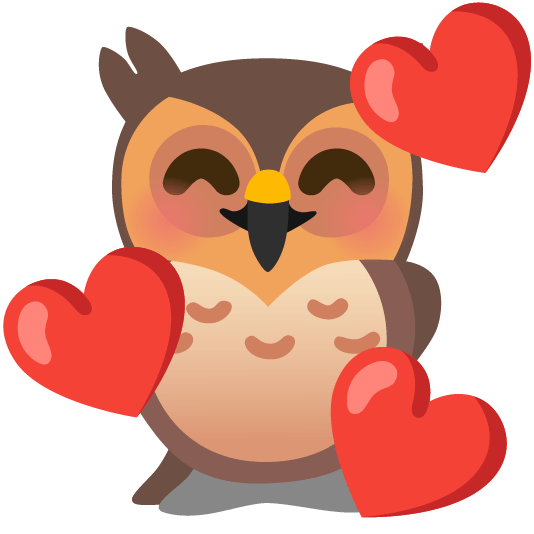 owl smiling face with 3 hearts